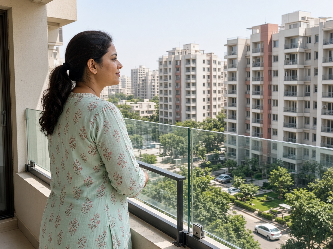Indian apartment balcony with glass railing