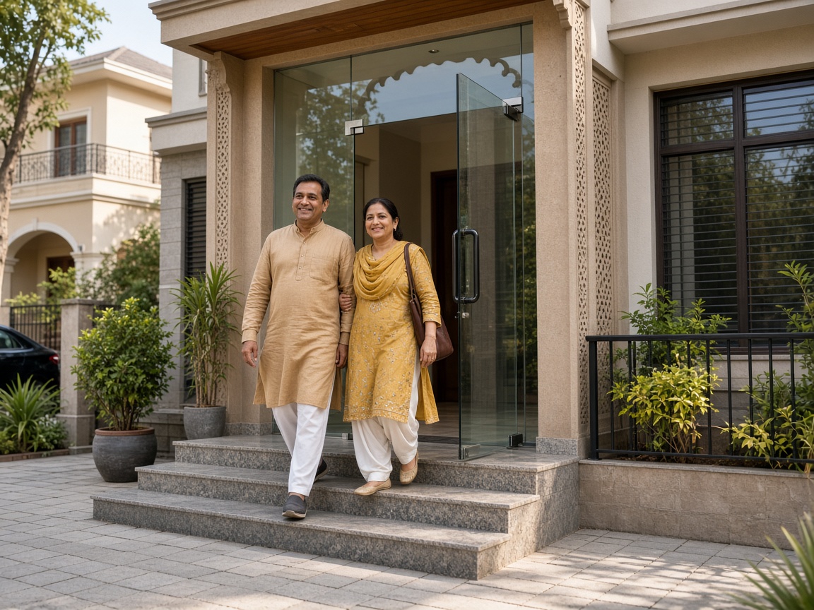 Indian family at frameless glass entrance of modern home