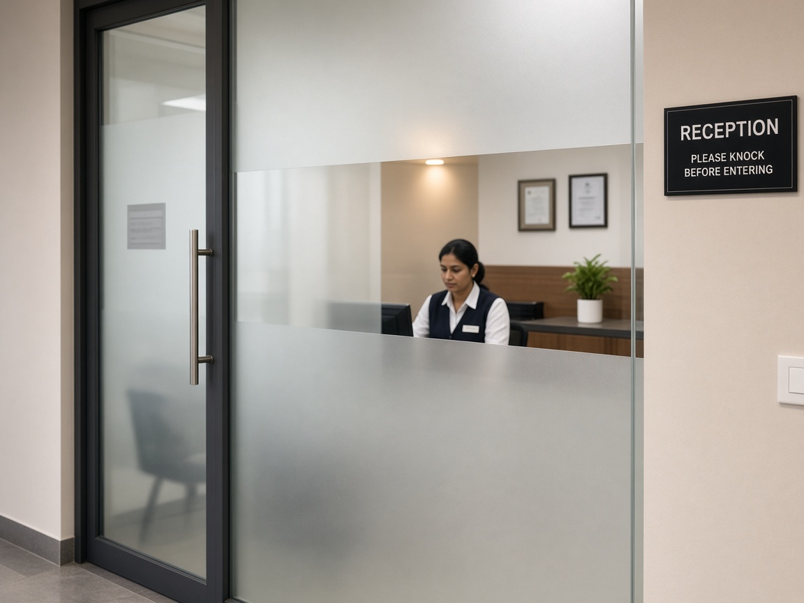 Frosted glass partition cabin in Indian office