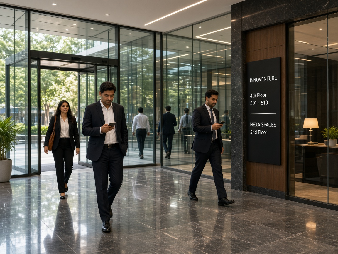 Indian professionals in commercial glass lobby