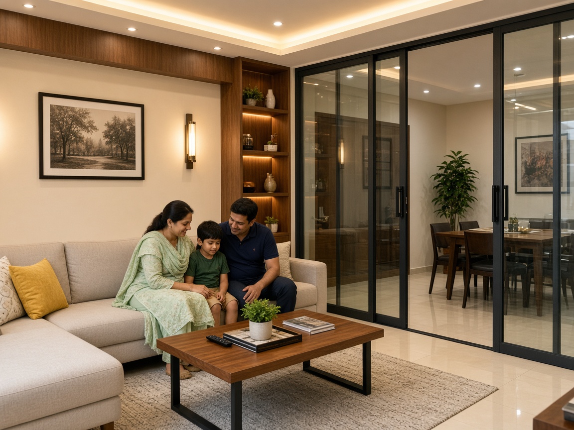 Indian family living room with glass doors and partitions