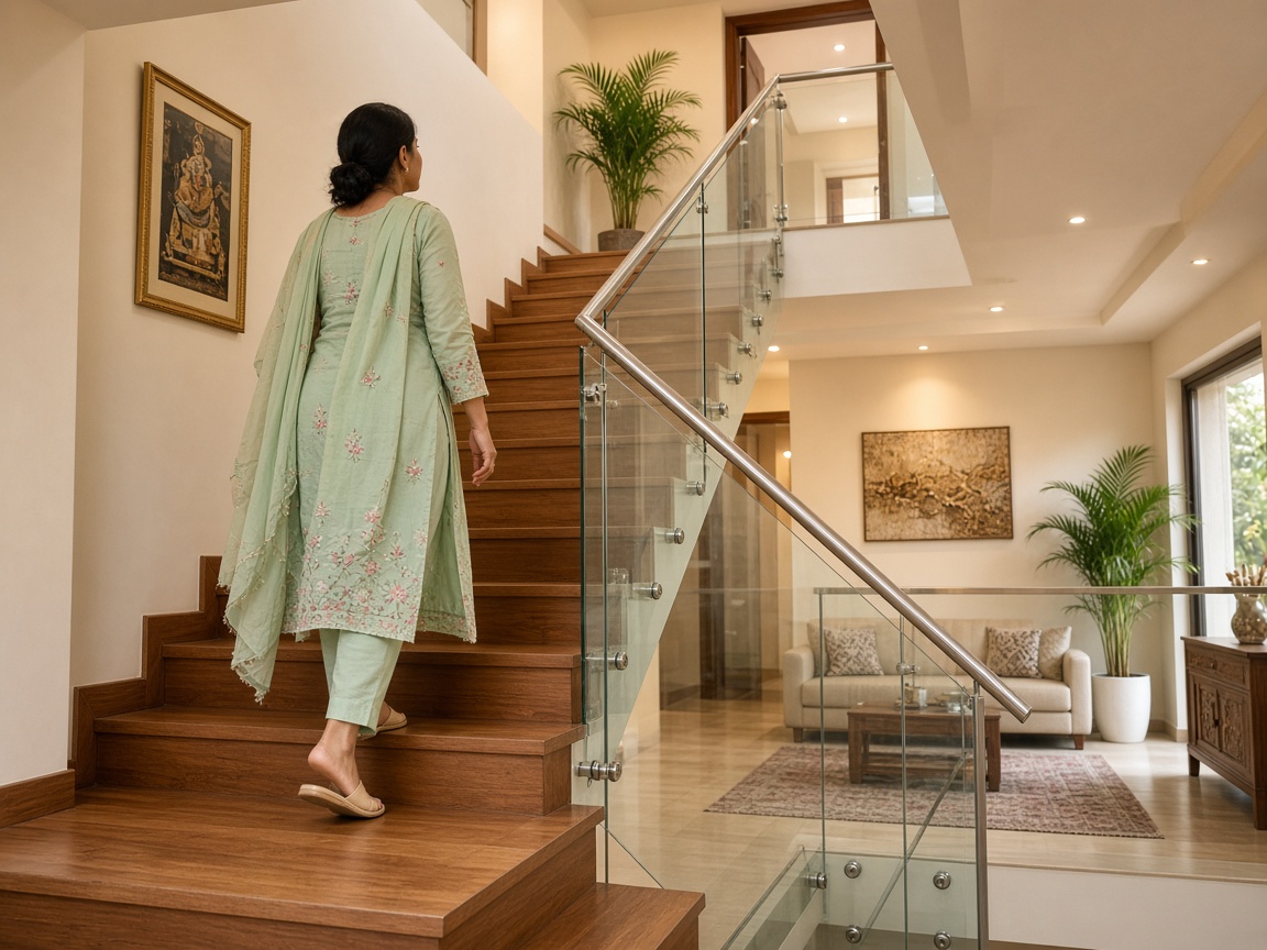 Glass staircase railing in Indian duplex home